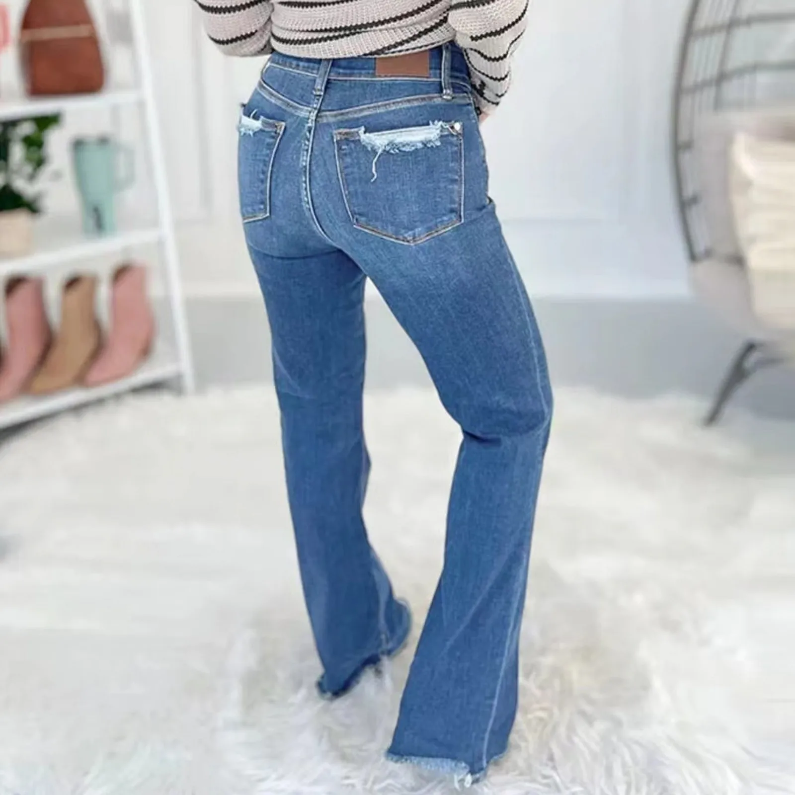 Women'S Stylish Casual Flared Pants, Frayed Sand-Colored Double-Button Jeans, Women'S Slim-Fit Wide-Leg Trousers Ropa De Mujer