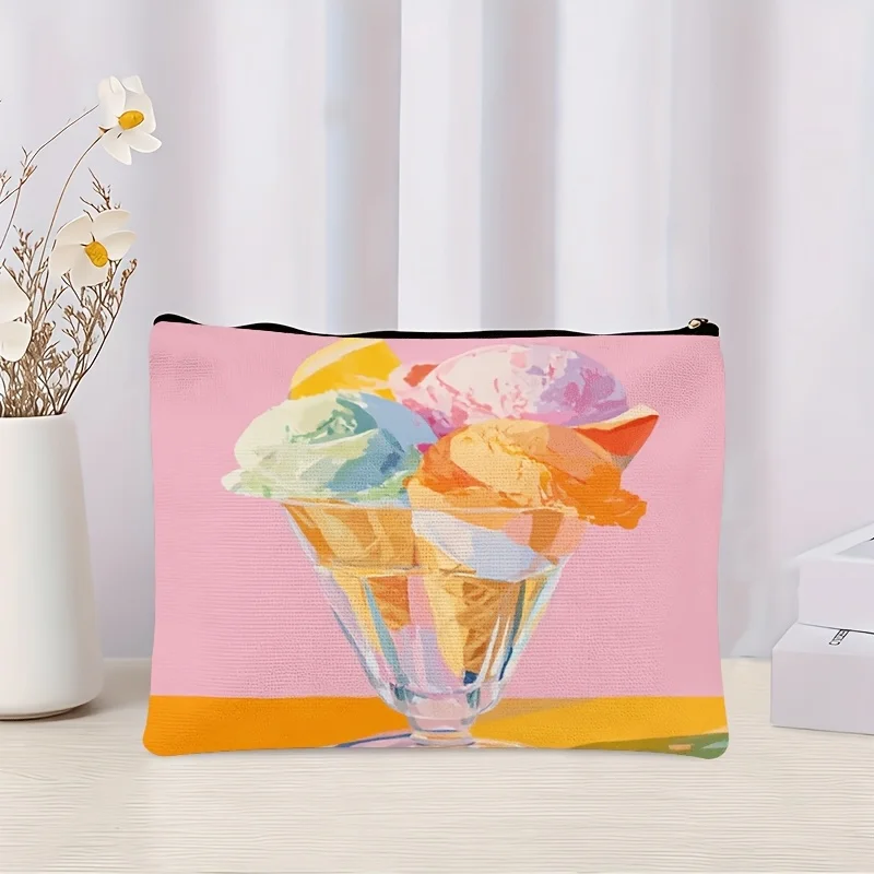 1 Piece Ice Cream Cone Color-Blocking Illustration Makeup Bag - Multifunctional Zipper Pouch for Women, Perfect Travel Zipper Storage Bag, Fun Birthday Gift