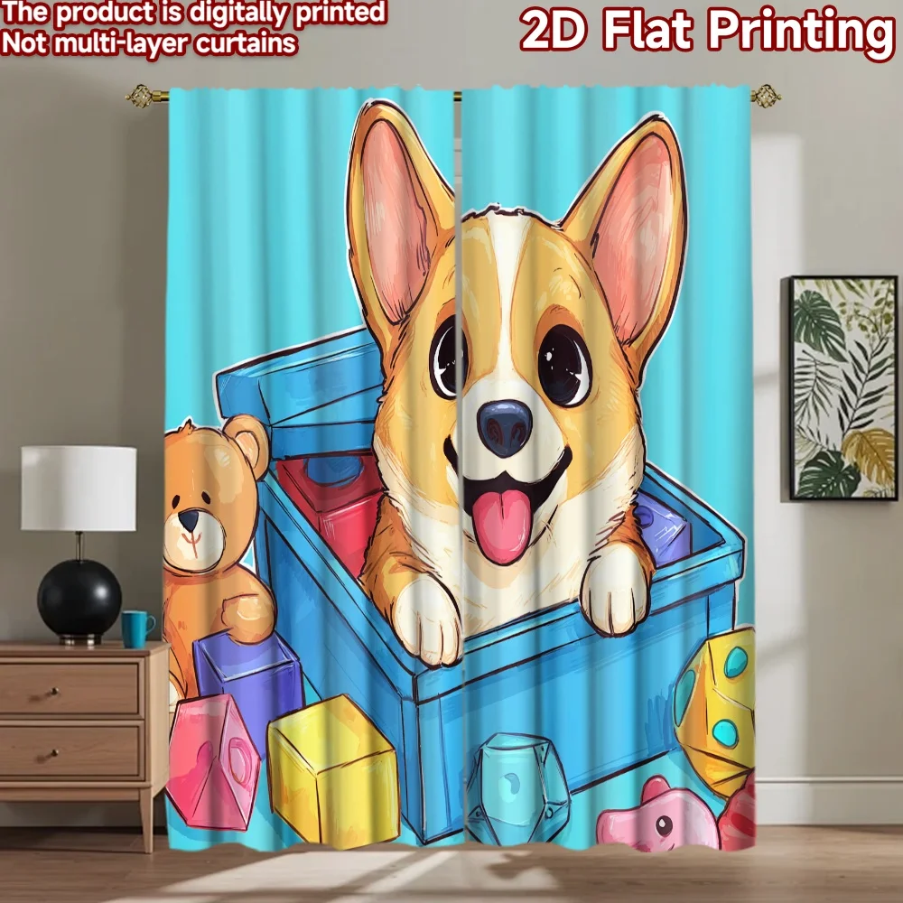 2D flat printing 2pcs Window Curtains Corgi Puppy Toy Box Digital Printed Polyester Drapes Seasonal Party & Holiday Decor