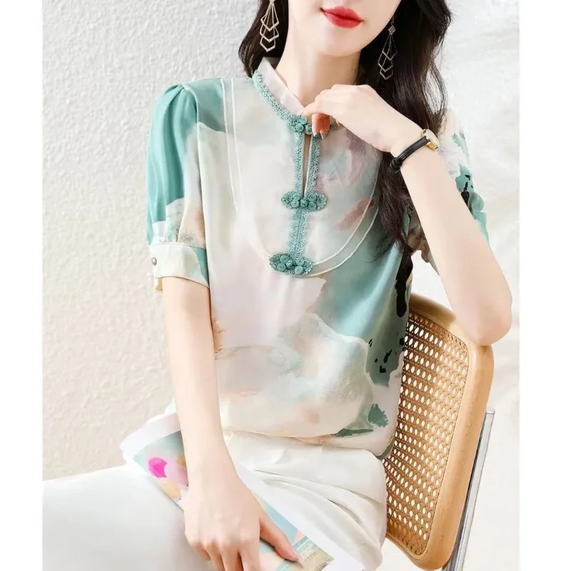 

Chinese Style Women's Printed Chiffon Shirt Summer Fashion Gauze Patchwork Pullover Stand Collar Button Short Sleeved Loose Tops