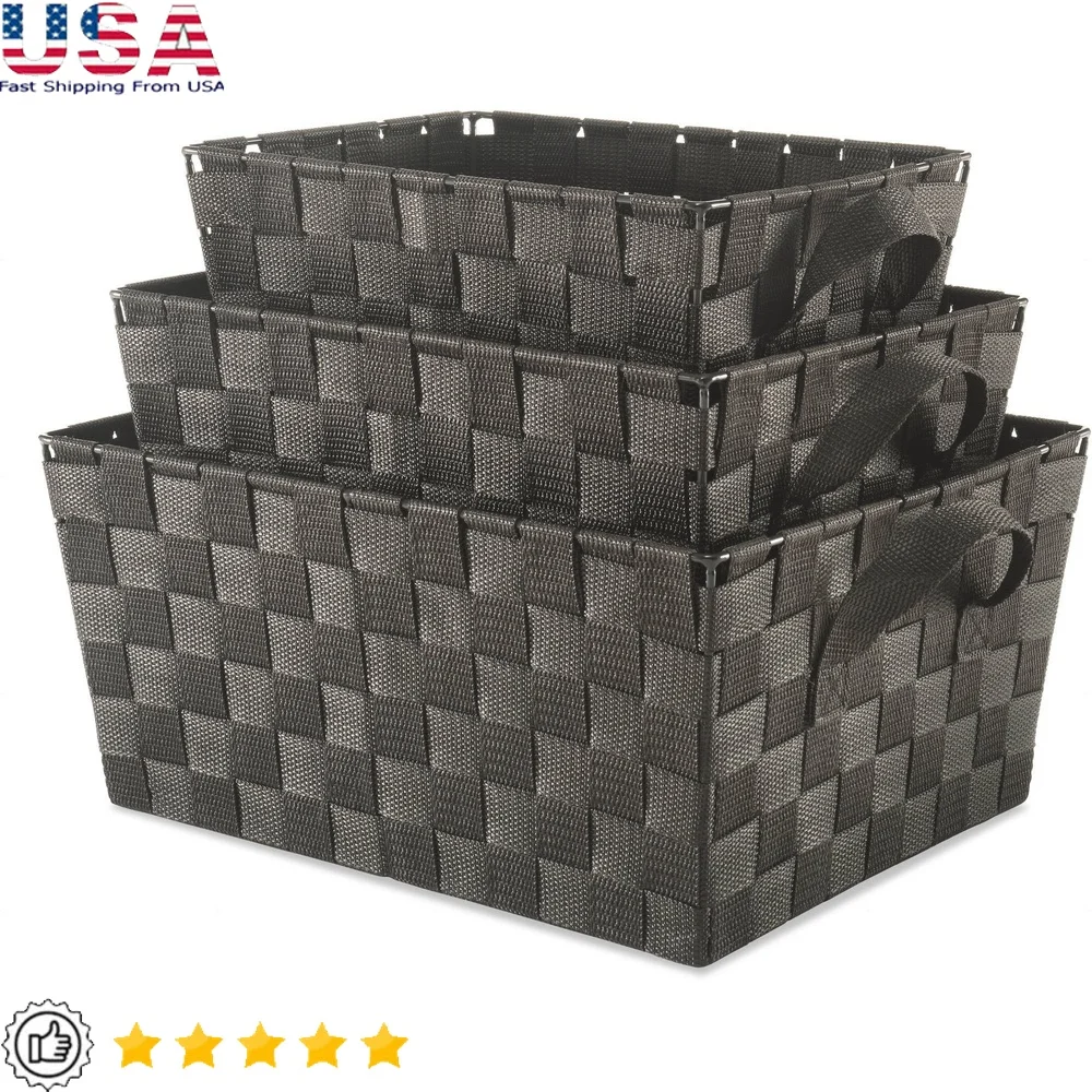 

Woven Strap Storage Baskets Set of 3 Durable Organizing Containers Toys Linens Office Home Decor with Handles