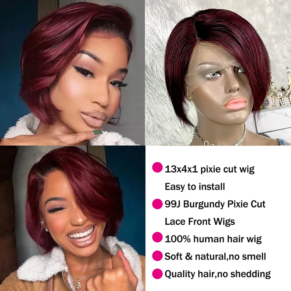 99J バーガンディ ピクシーカット レースフロントウィッグ 人毛 13x4x1 パート レースウィッグ ブラジル産 ショートストレート人毛ウィッグ 黒人女性向け