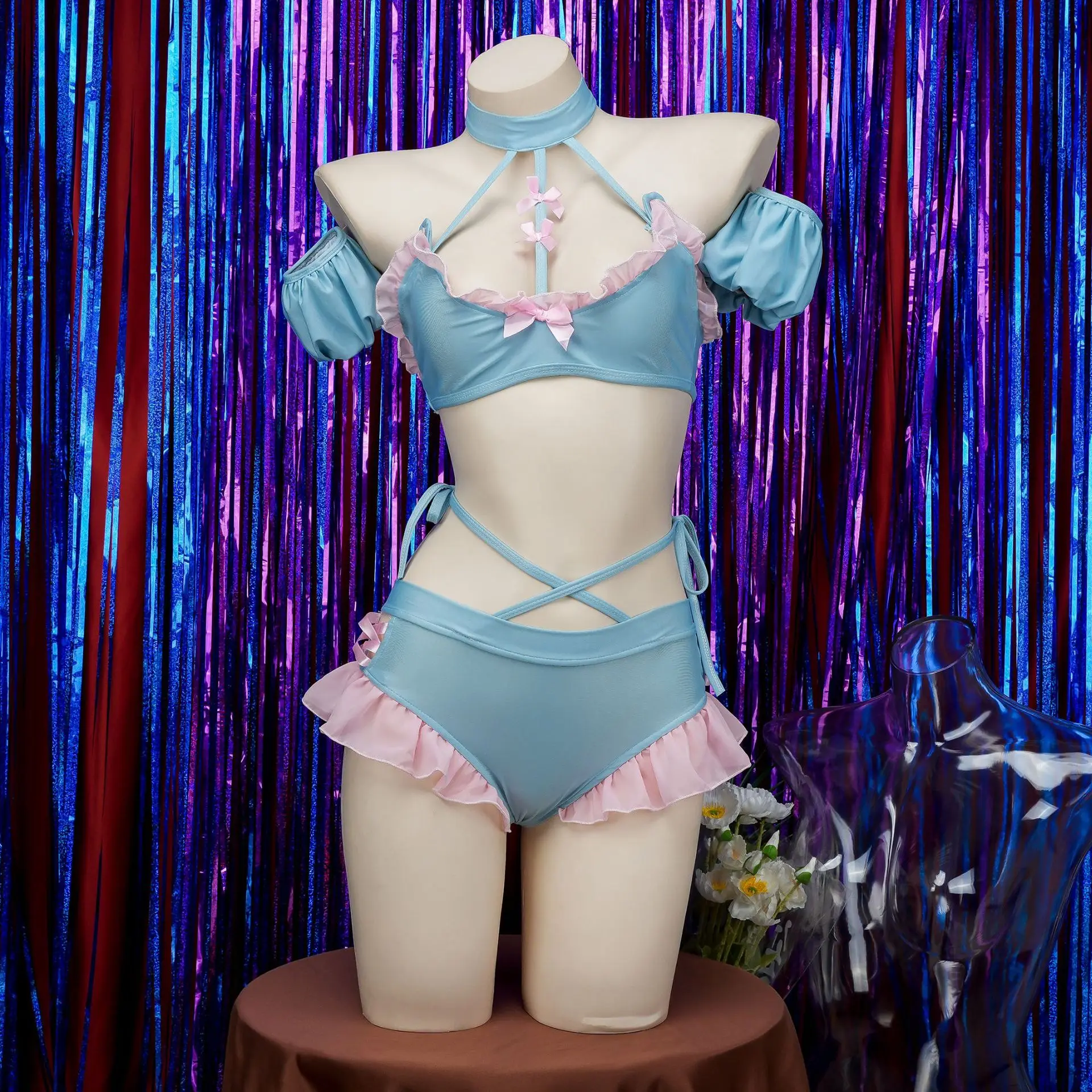 Bañador de Anime para mujer, ropa interior con volantes y Espalda descubierta, traje de baño Sexy para fiesta en la playa, color rosa y azul