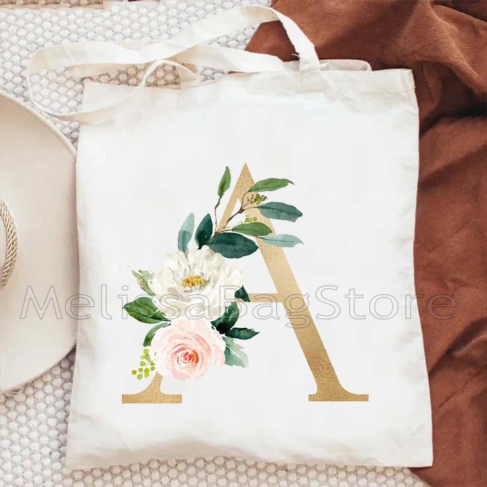 Monogram Gold Floral Letters Flower Initial Letter A to Z Cute Kids Girl Teacher Birthday Gifts Feminine Canvas Tote Bag Handbag