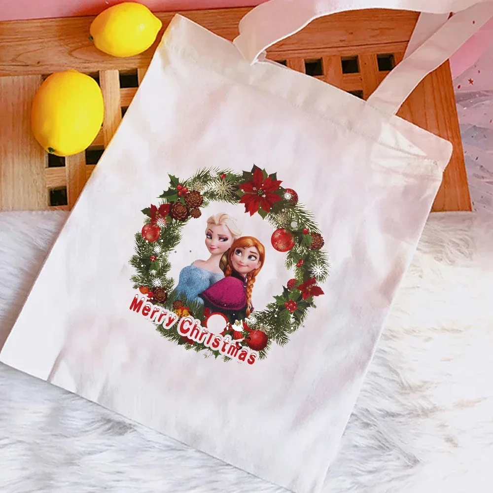 Frozen Elsa Anna Canvas Shoulder Bag Print Handbags For Women Large Capacity Shopper Totes Fashion Cotton Casual Shopping Bags