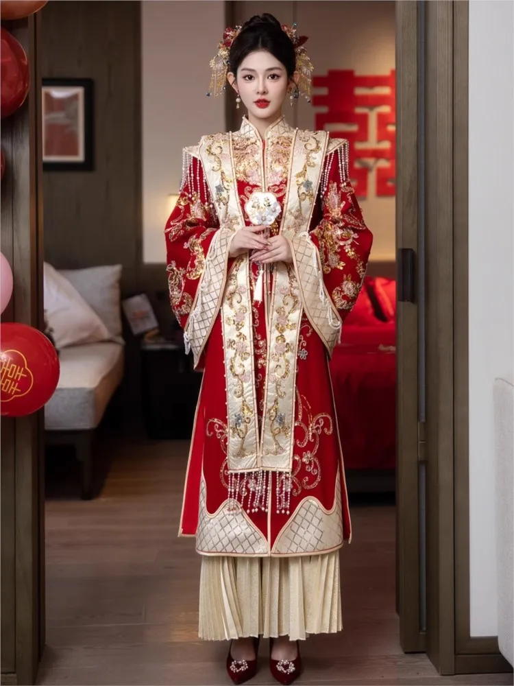

Large-sized velvet wedding dress new Hanfu phoenix crown and red cape for women