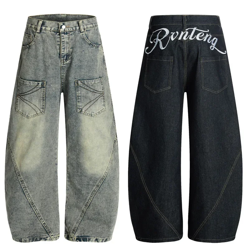 Y2K-pantalones vaqueros lavados Vintage para hombre y mujer, Vaqueros de pierna ancha holgados con bordado en la espalda y letras blancas, ropa de calle cómoda e informal