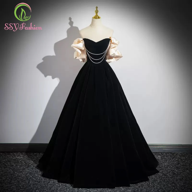 

SSYFashion Black Velvet Evening Dress V-neck A-line Puff Sleeve Simple with Detachable Sleeves Party Gowns Vestido De Festa