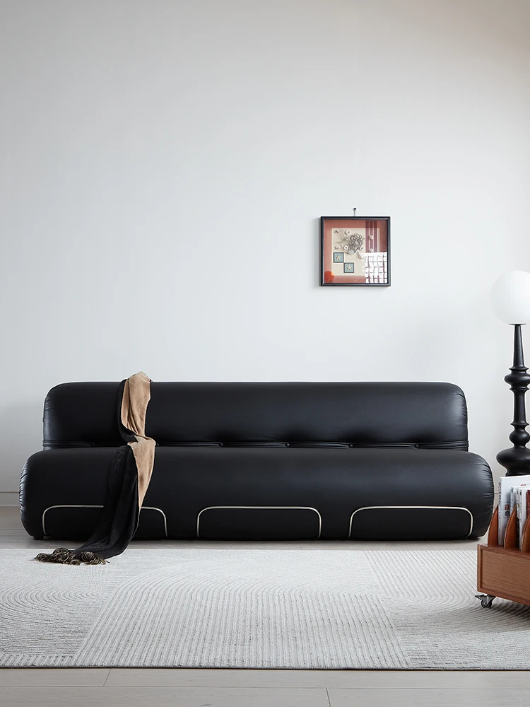 Black leather sofa small apartment living room three people house style medieval sofa