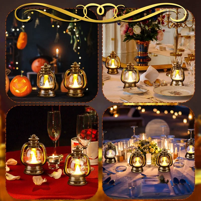 24Pcs Gold Electronic Candle Lantern Light Mini Candle Light Hanging Lantern Lamp Flameless LED Oil Lamp Christmas Home Deco