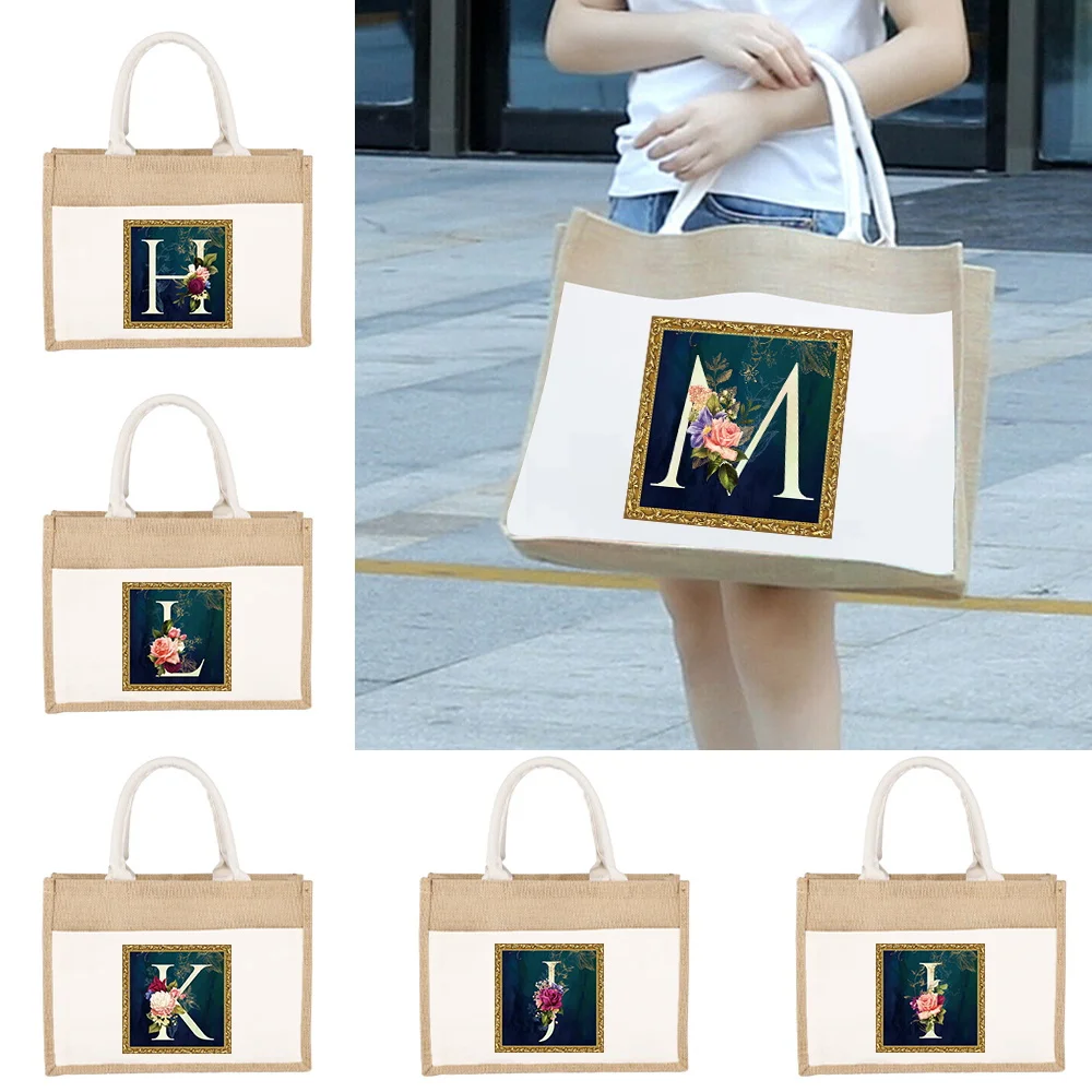 

Fashion Linen Shoulder Bag Jute Imitation Linen Bags Flower Letter Series Printing Pattern Environmentally Friendly Shopping Bag