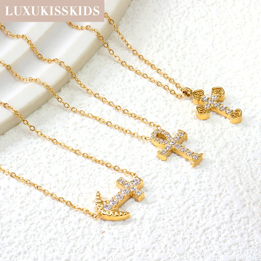 LUXUKISSKIDS المصرية عنخ الصليب الدين قلادة مطلية بالذهب رمز الحياة الصليب القلائد حجر الراين قلادة مجوهرات هدية #3