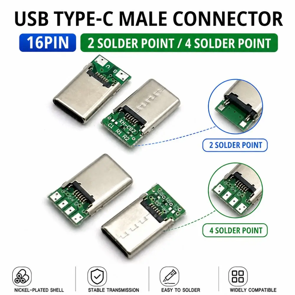 Jack Tail 2Pin 4Pin USB Male Plug 16P Male Plug Type C Connector SB 3.1 Data Cable Connector