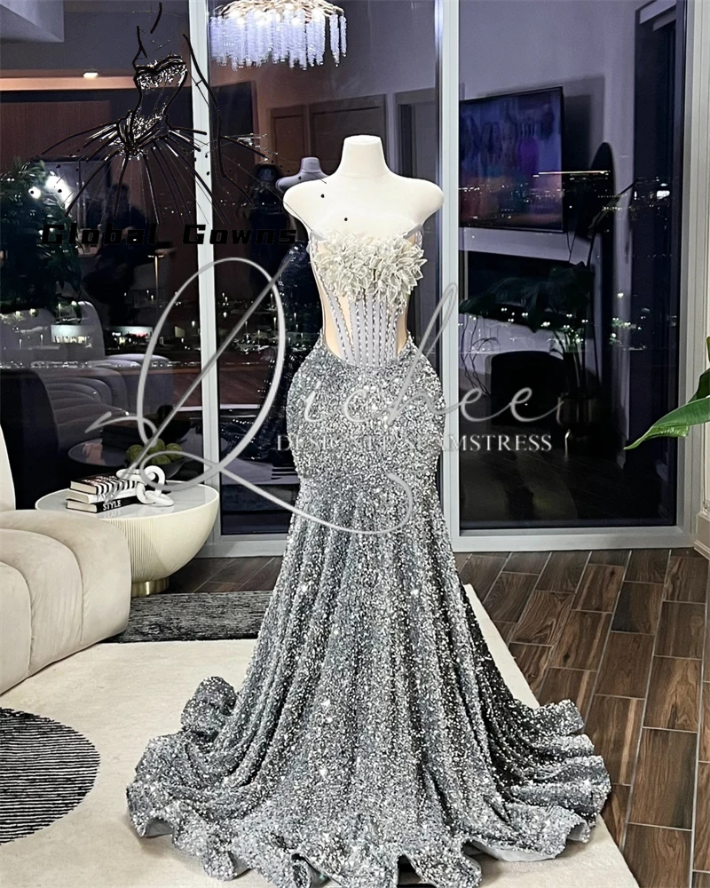 Sparkly Silver Sequin Prom Dresses Long Bead Crystal Strapless 2024 Birthday Luxury Dress Black Girls Evening Gown Customized