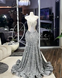 Sparkly Silver Sequin Prom Dresses Long Bead Crystal Strapless 2024 Birthday Luxury Dress Black Girls Evening Gown Customized