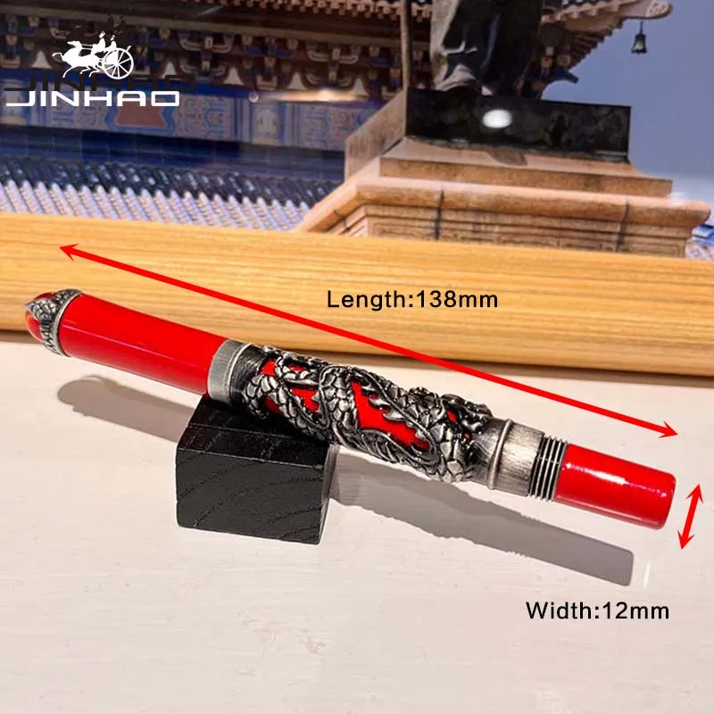 1 piece Jinhao Dragon King Fountain Pen Fine Nib Intricate Design Red Background with Jewelry on Top