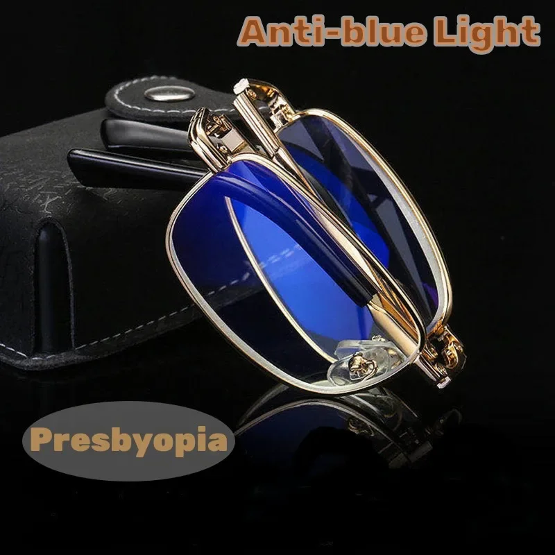 

Anti-Blue Light Folding Reading Glasses Men Portable Metal Eyewear Presbyopia Diopter Glasses With Leather Case +1.0 To +4.0