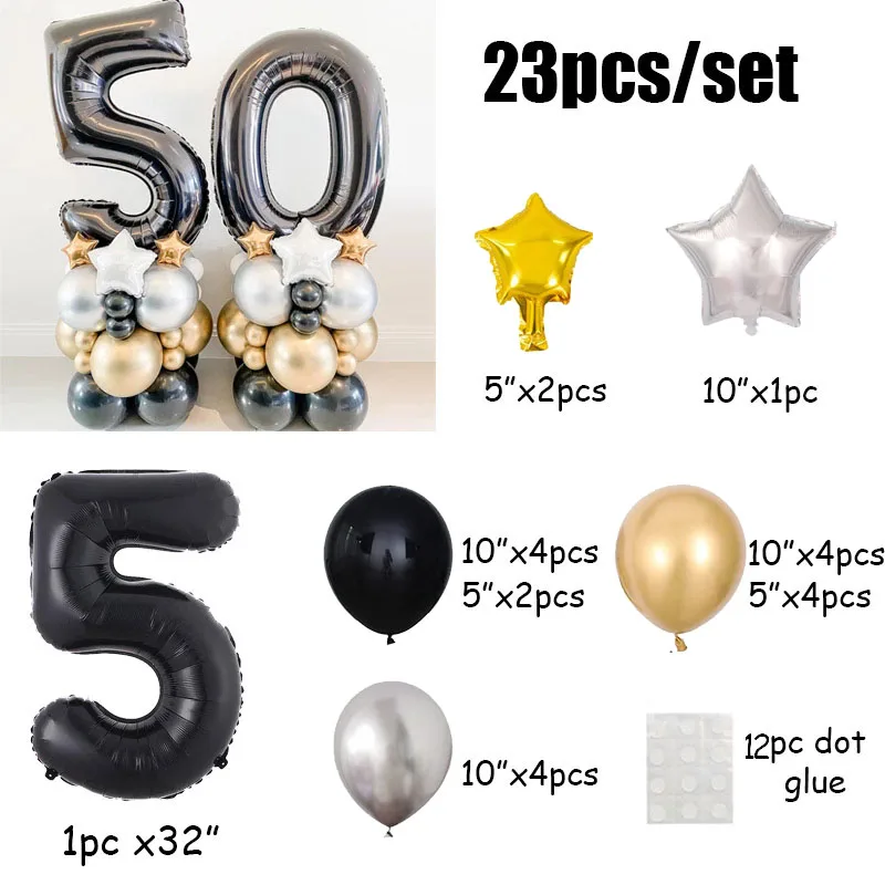 23pcs Chrome Gold Black Number Foil Balloon Happy Birthday Party Decorations Kids Boy Girl 1 2 3 4 5 6 7 8 9 Year Old Supplies