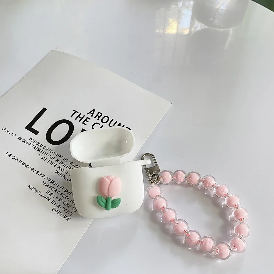 Cute Case for 1MORE TWS Q10 /Q20 Case tulips / Daisy flower Earphone Silicone cover with Keychain Lanyard for 1MORE TWS Q20