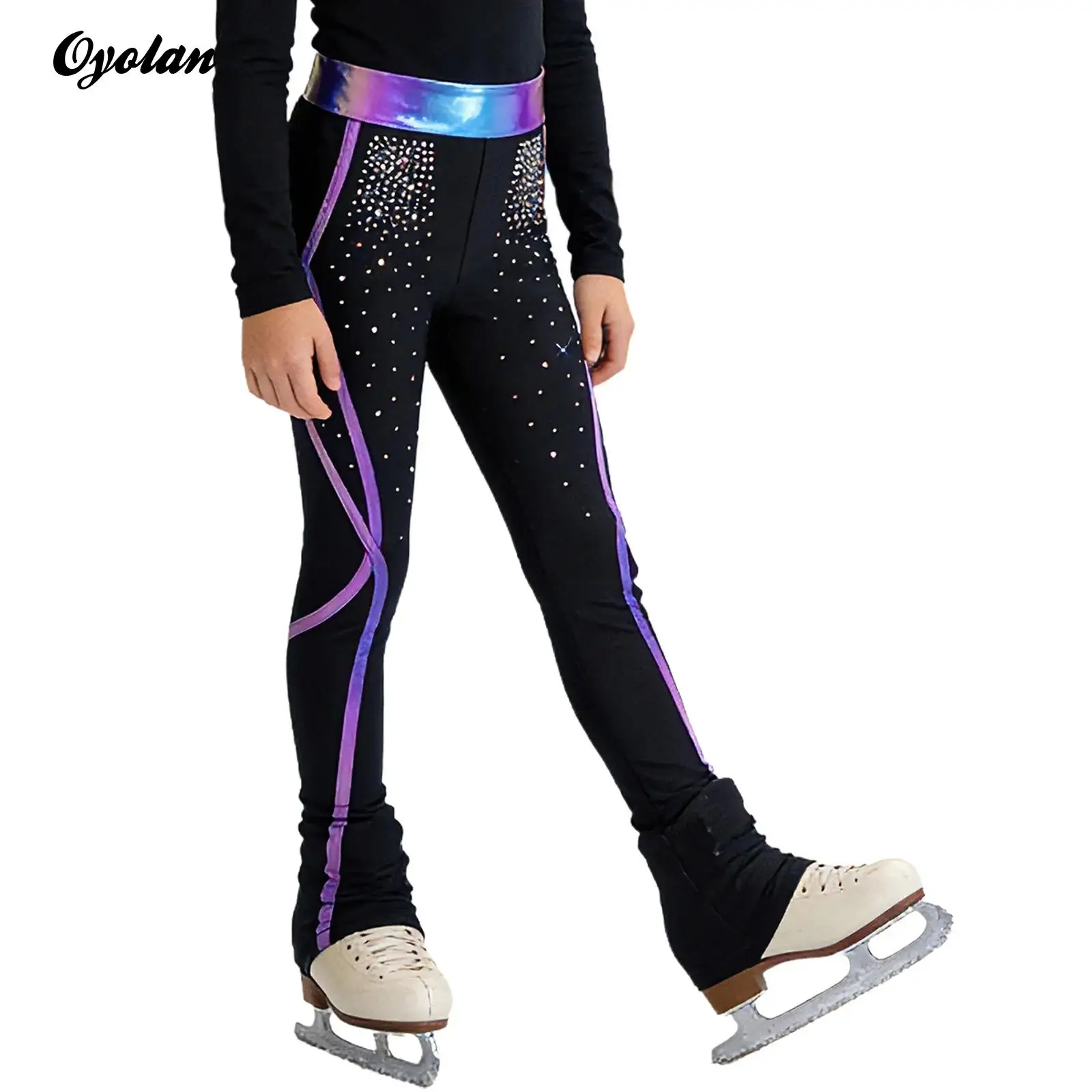 

Kids Girls Gymnastics Figure Skating Pants Shiny Rhinestones Ballet Dance Tights Costume Metallic Lines Leggings Trousers