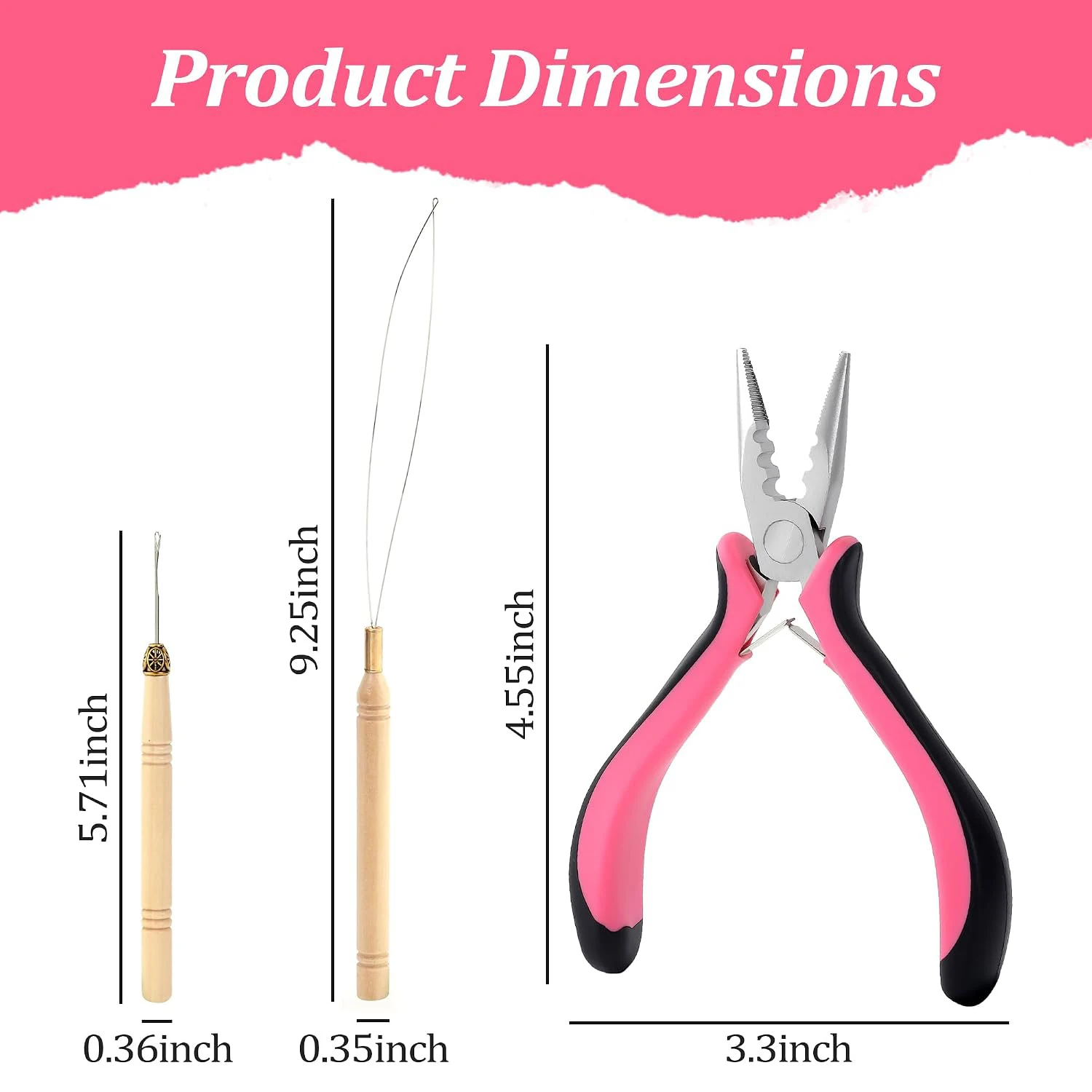 Hair Extension Tools Kit, 3-Hole Microlink Tool Kit , Pliers, Pulling Hook, Loop Needle for Nano and Micro Ring Hair Extensions
