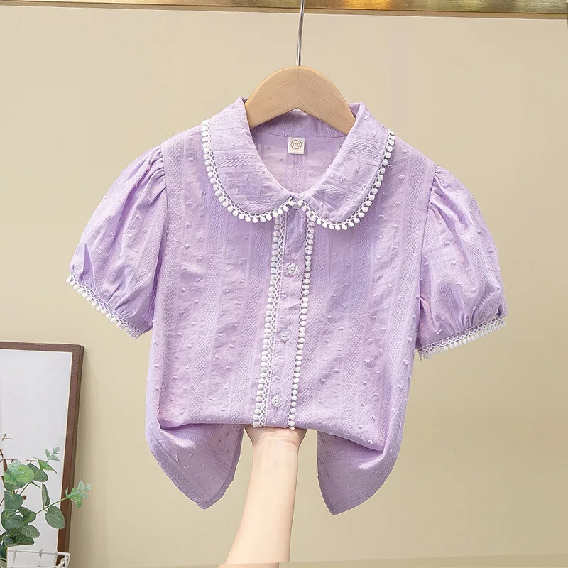 

2025 Girls Cotton Blouse White Bow Shirts Short Sleeve School Uniform Girl Shirt Style Kids Tops Children Summer Clothes
