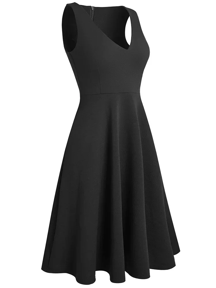 

Nice-forever Summer Women Classy Sexy Low Cut Plain Dresses Casual Party Elegant Flare Sun Dress A293