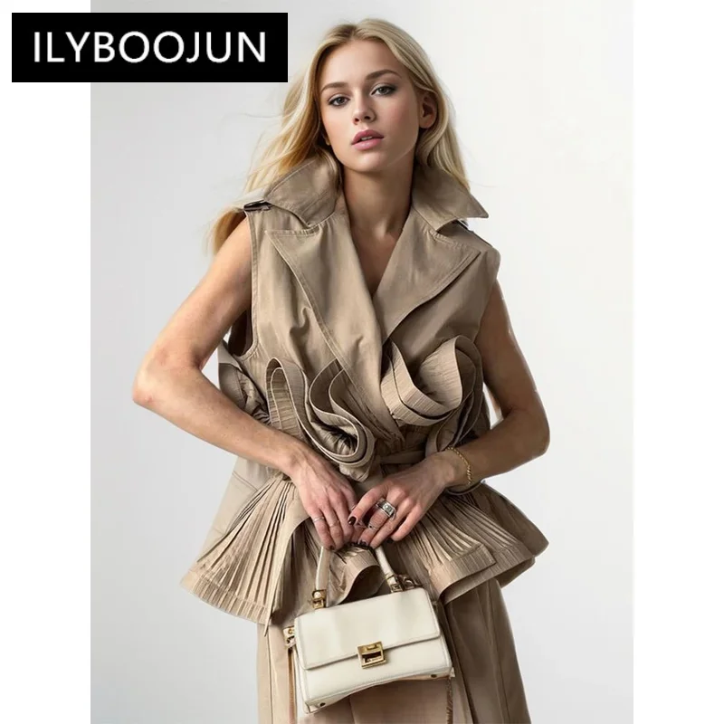 

ILYBOOJUN Solid Temperament Spliced Folds Shirt For Women Lapel Sleeveless Patchwork Lace Up Designer Blouses Female Fashion