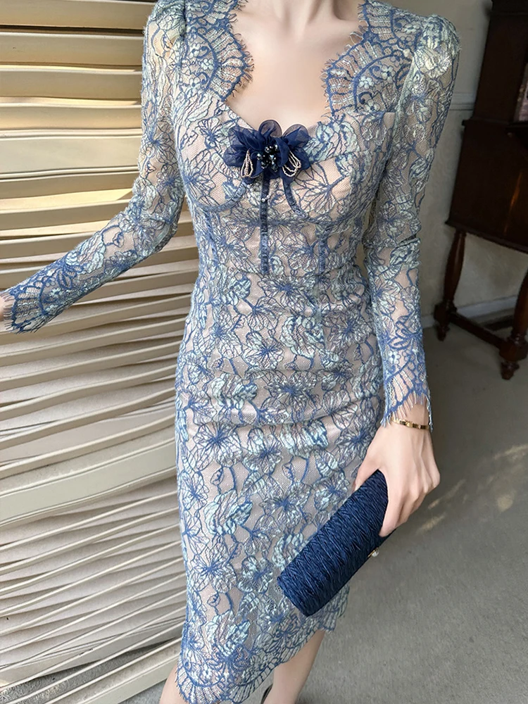 

New Fashion Spring Ladies Sweet Lace Long Dresses Women Clothes Commute Elegant V-Neck Slim Party Dress Mujer Vestido Robe Femme