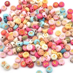 50pcs/lot 7*4*1mm DIY Handmade beading Acrylic beads Round colored Background gold letter beads for jewelry making