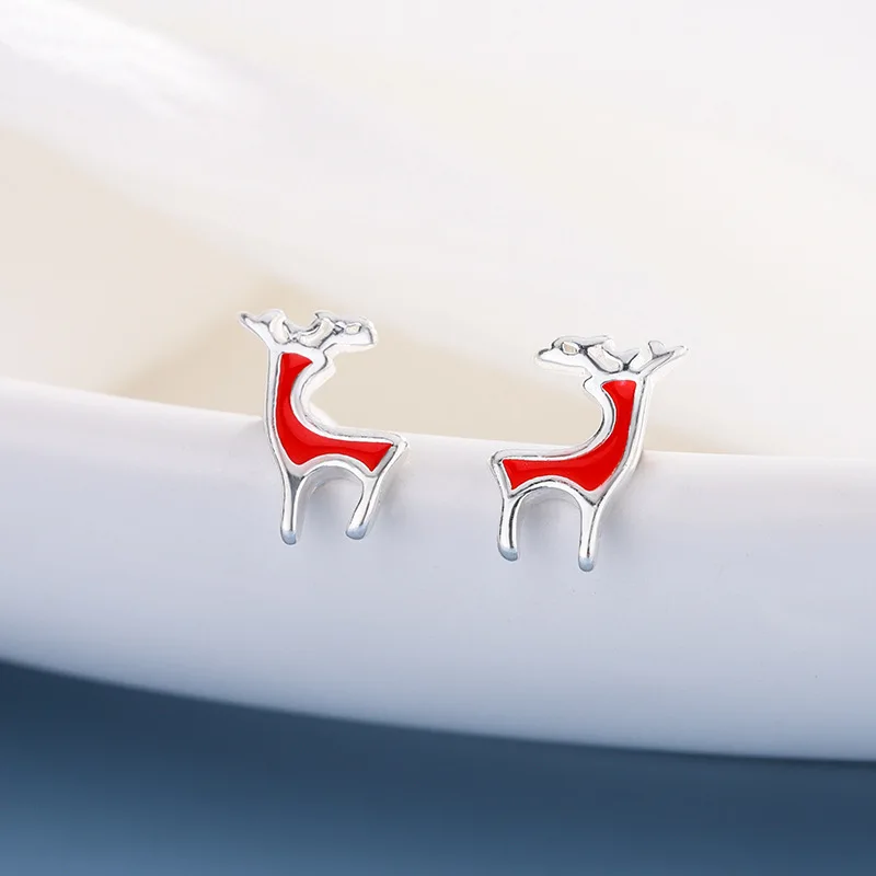 Fashiona Personality Red Christmas Elk 925 Sterling Silver Temperament Small Fresh Deer Einfache und kompakte Ohrringe E022