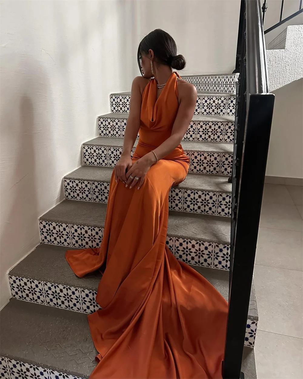 Mila Orange Halter Neck Backless Prom Dresses Sleeveless Customized Evening Woman Dresses Court Train vestidos de fiesta 2025