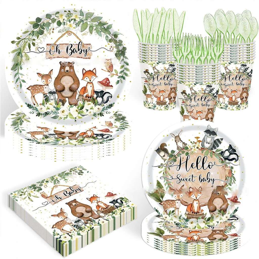 

Hellow Sweet Baby Jungle Animals Party Disposable Tableware Set Woodland Animals Oh Baby Paper Plates Napkins Babyshower Supplie