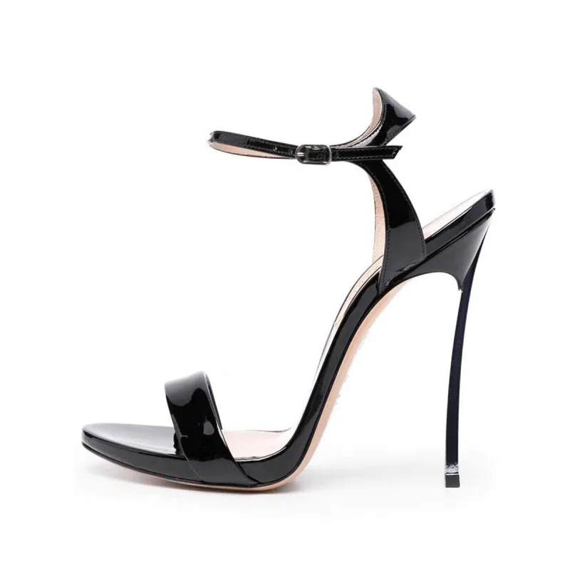 

Arden Furtado 2024 Summer Patent Leather Round head Thin heels word-cingulate Belt buckle Super high heel Open toe Sandals