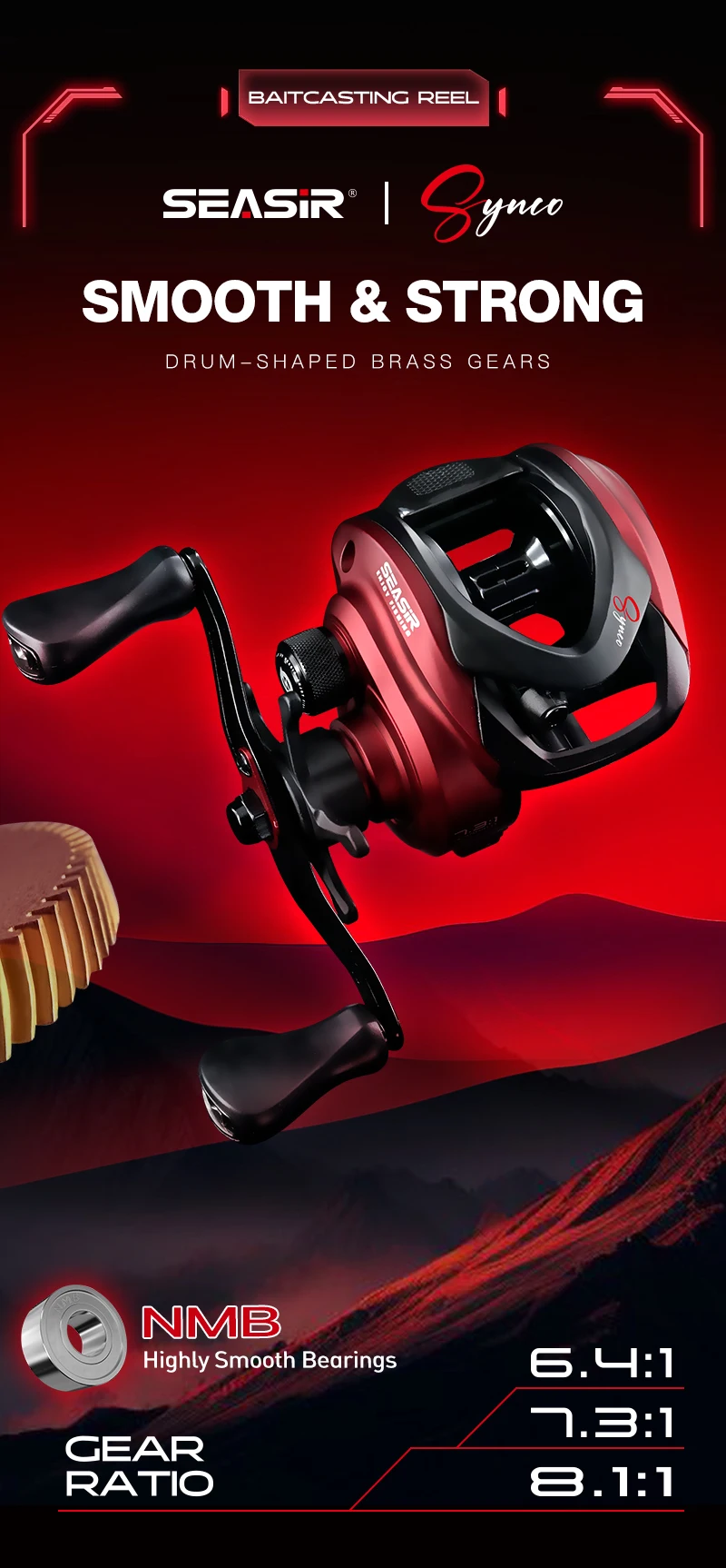 SEASIR SYNCO Baitcasting-Rolle mit 6,4/7,3/8,1 Übersetzungsverhältnis, Messinggetriebe, NMB-Lager 5+1, 8kg Bremskraft, Salzwasser-Angelrolle – Detail 2