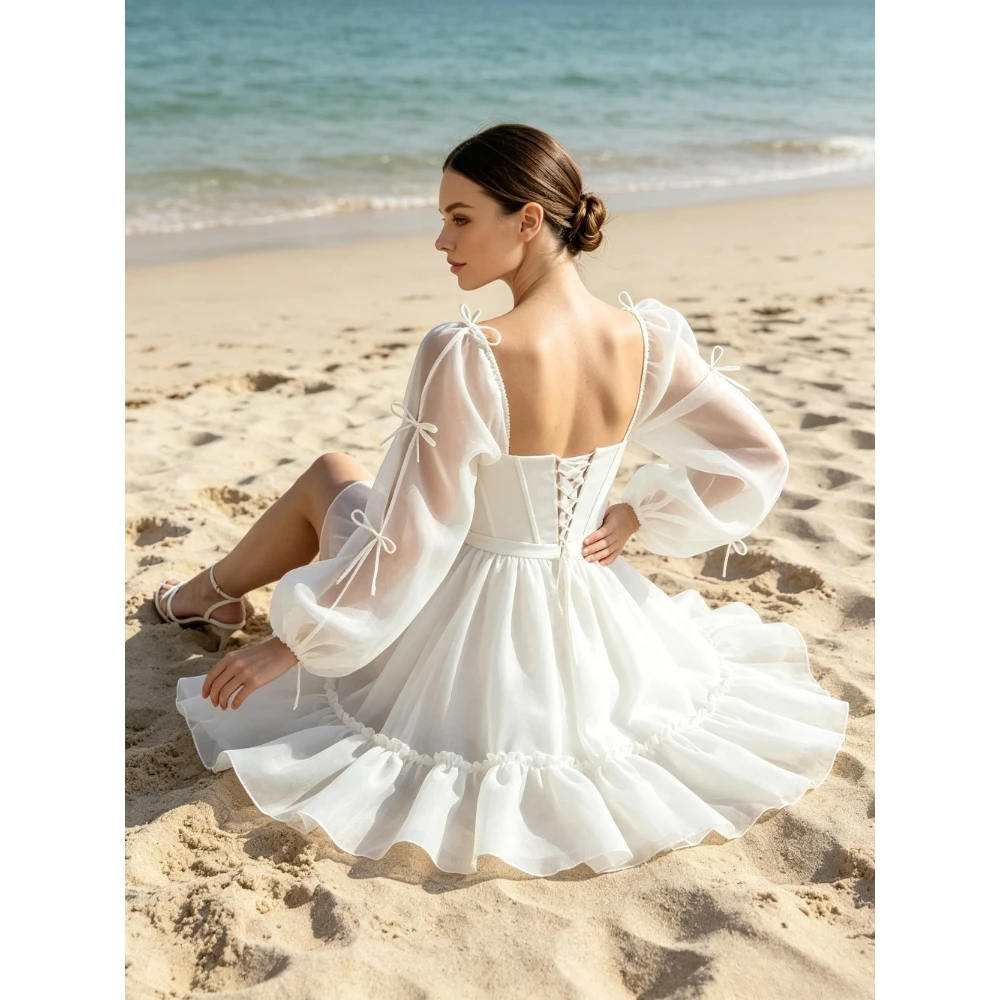 Customized Square Neck Transparent Stiff Yarn Mini Summer Wedding Dress New Fluffy Long Sleeved Layered Pleated Edge Bridal Gown