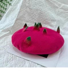Autumn and Winter 2023 New Handmade Fruit Pitaya Beret Pumpkin Hat Cute Soft Girl Little Leaf Painter Hat Wool Beret берет