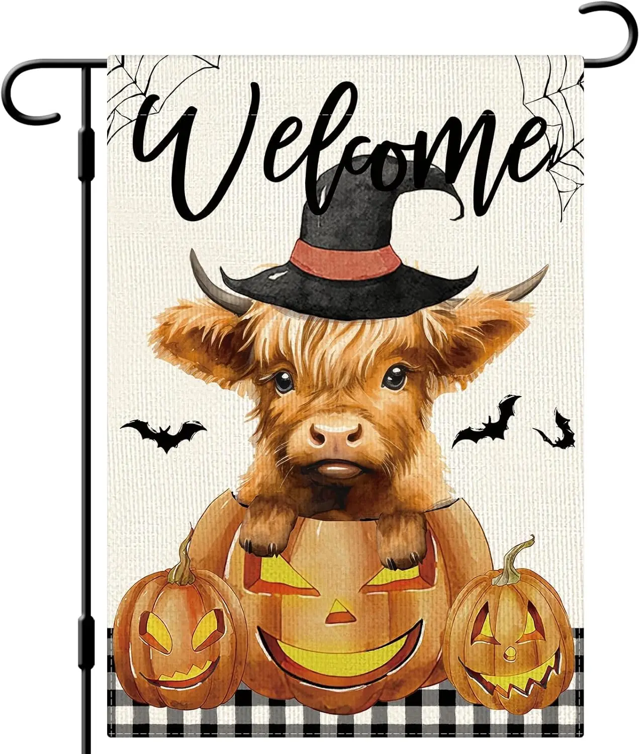 DLZDN Welcome Halloween Garden Flag Pumpkin Highland Cow Flag 12×18 Inch Double Sided Vertical Burlap Farmhouse Yard Flag Season