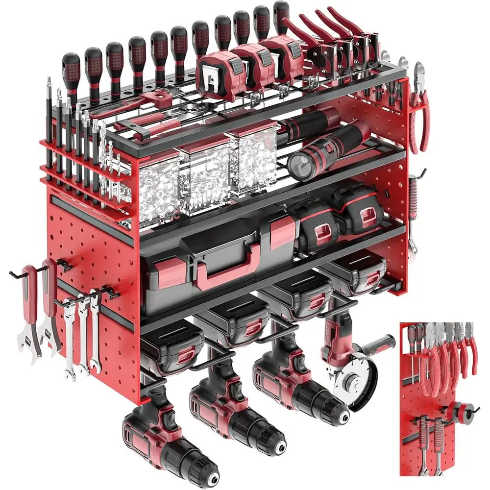 

Красная сверхмощная настенная стойка с 8 сверлами для гаража, 4-уровневый органайзер для хранения