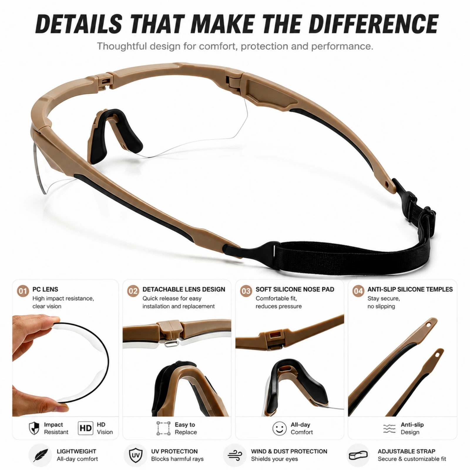 Photochrome Sport-Schutzbrille mit Rundum-Schutz, Komfortable Brille für den Täglichen Gebrauch, Motorradfahren, Jagen und Outdoor-Sport – Detail 5