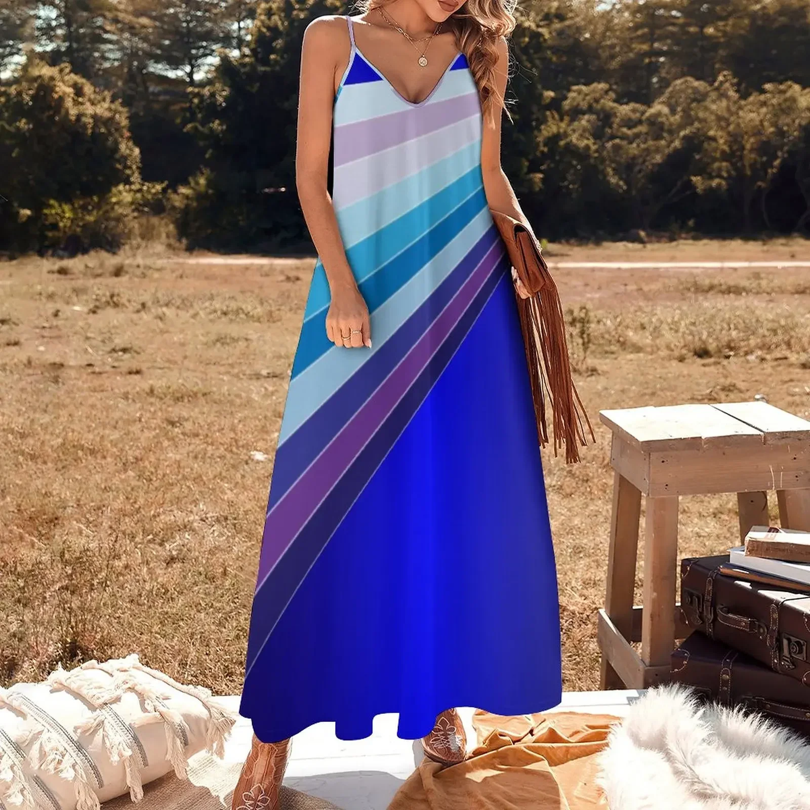 65 MCMLXV Retro 70s Disco Blue Streaks of Light Pattern Sleeveless Dress Prom gown Women's dresses Womens dresses Dress