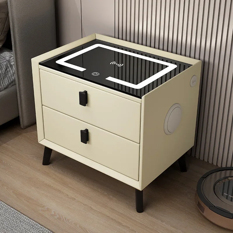 Wooden Smart Bedside Table with USB LED Light Large Storage Modern Bedroom Nightstand Glass Top Home Bedroom Furniture