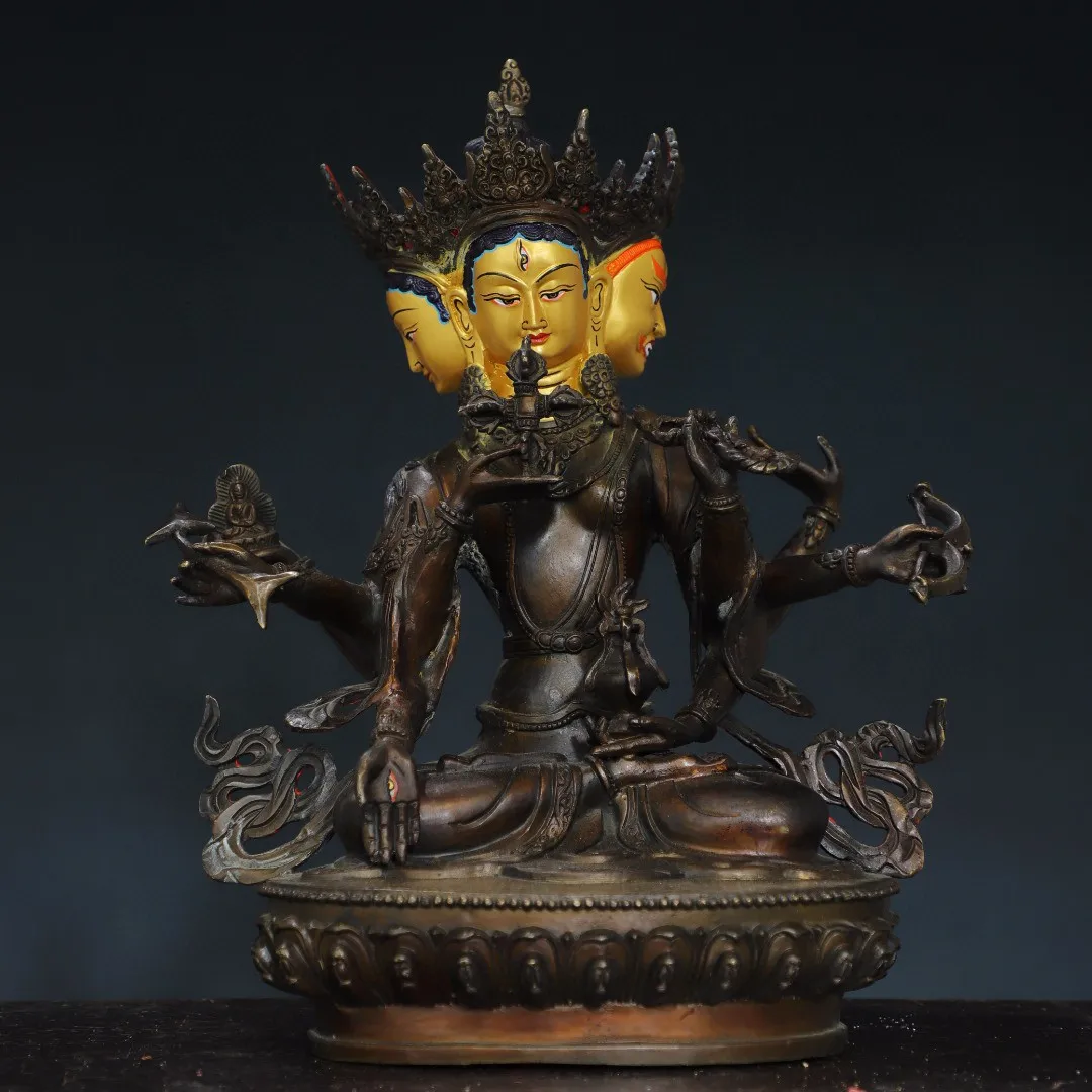 Tibetan Pure Copper Painted Face Gilded Gold and Silver Three Sides and Eight Arms Holy Buddha Tara Guanyin Home Buddha Hall Dec