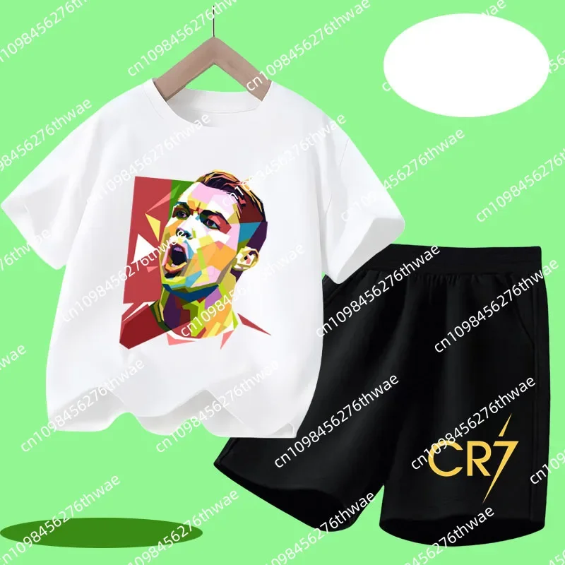 

2025 Football Star Cristiano Ronaldo Kids' Printed T-Shirt Set for Boys and Girls - Casual Shirt with Short Sleeves for Children
