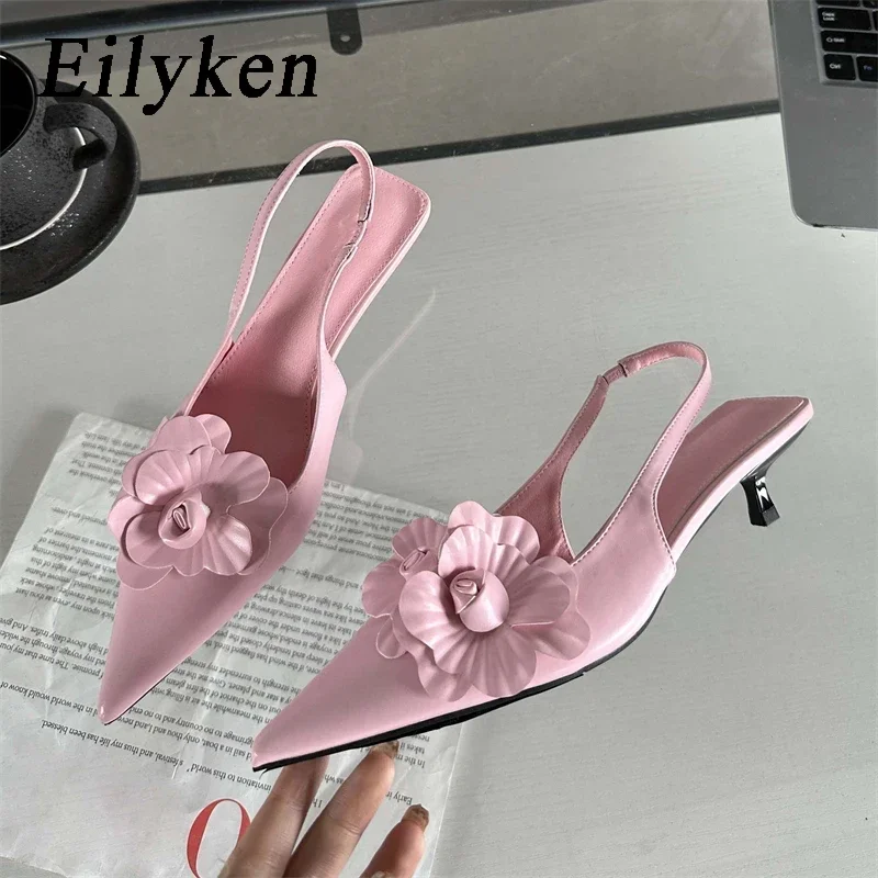 Eilyken Sexy Flower Pointed Toe Thin Low Heels Women Pumps Elegant Wedding Slingback Shoes Mules Zapatos De Mujer