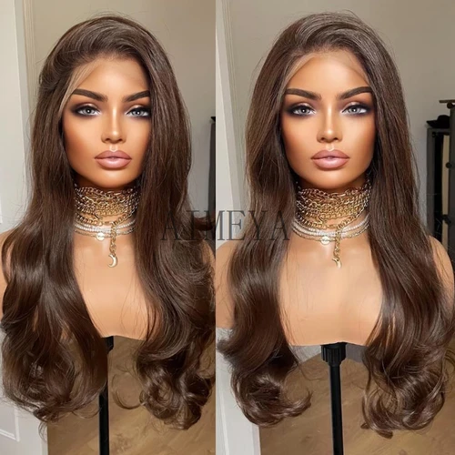 Imagen 2 del producto AIMEYA pelucas largas marrones para mujer, peluca de encaje sintético, pelucas frontales de encaje ondulado, Cosplay resistente al calor, línea de cabello Natural, uso diario