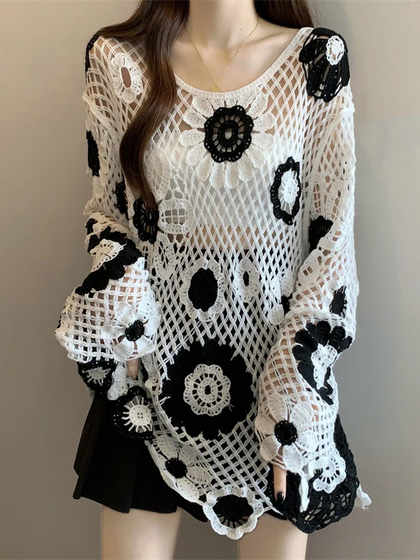 Ladies' Knitted Hollow out Hook Flower Top plus Size Outerwear Long Sleeve round Neck Mid-Length Casual Style Fashion Trend