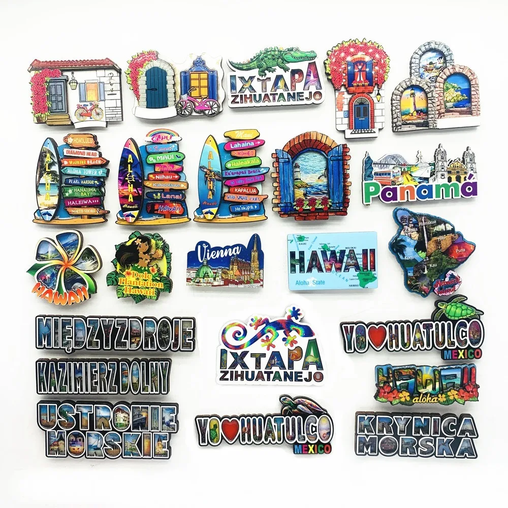 Hawaii Mexico Poland Panama Acrylic Wood Fridge Magnets Tourism Souvenir Refrigerator Sticker Handicraft
