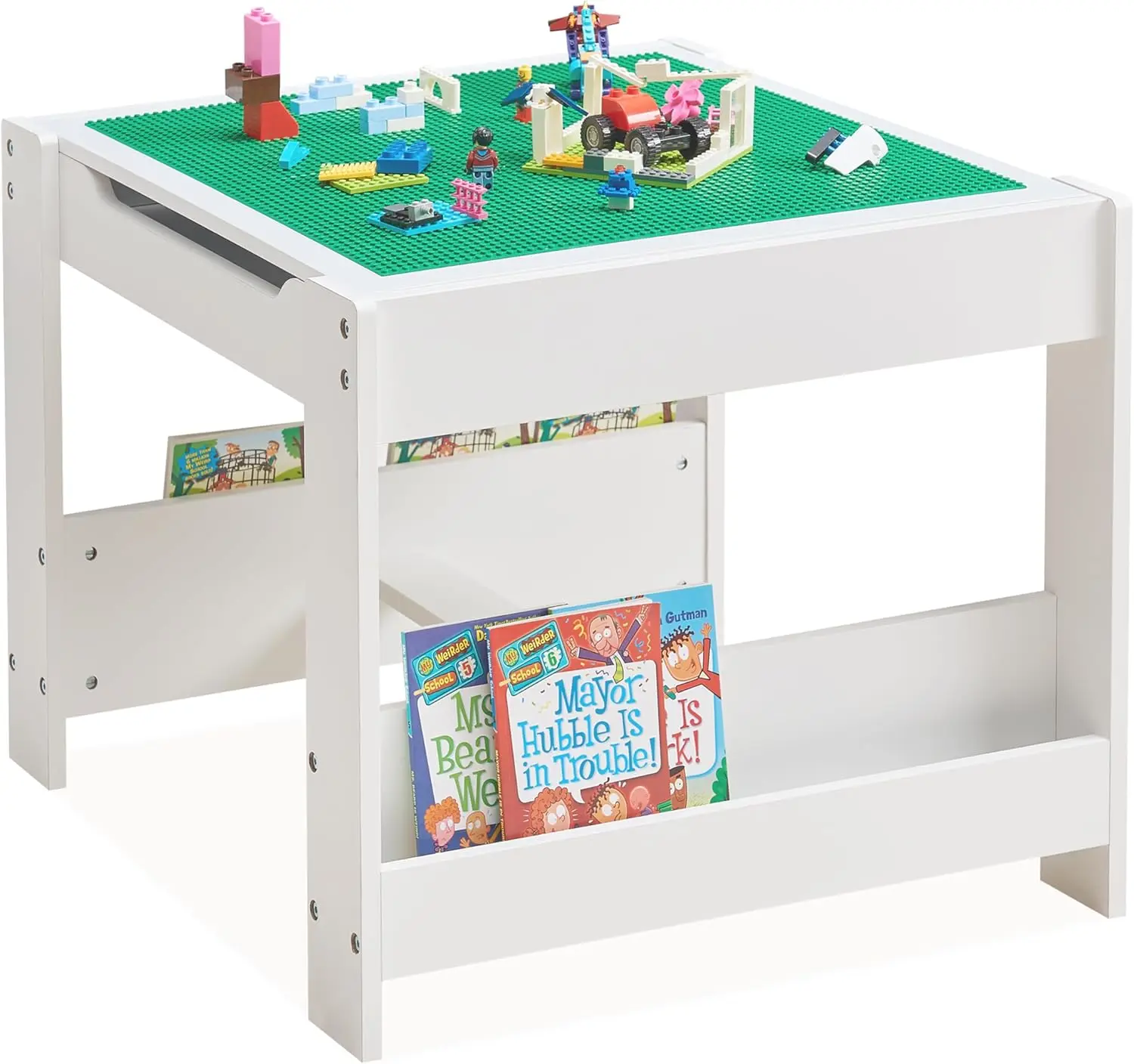 3 in 1 Kids Wooden Activity Table with Bookshelves, 2 in 1 Detachable Tabletop Construction Play Table for Toddlers Drawing