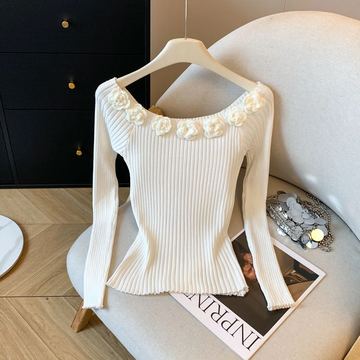 한국 패션 여성 풀오버 스웨터 2025 가을 겨울 섹시한 꽃무늬 니트 셔츠 슬림 긴팔 캐주얼 여성 상의